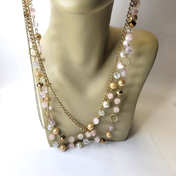 Pink and Gold Bead Multistrand Long Necklace -38" Necklace - Picture 4 of 7